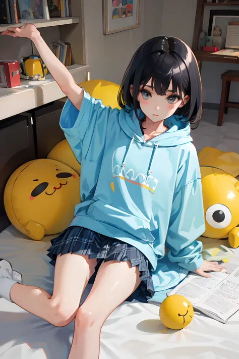 child，（​masterpiece，Highest Quality），Light blue hoodie，plaid skirts，Short sleeved black hair