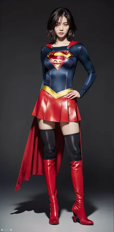 japanes、Cute Beautiful Girl、(((Wear black tights on your beautiful legs.)))、(((beauty legs)))、(((Painful look)))、((((Make the most of the original image)))、(((Supergirl Costume)))、(((Beautiful short hair、The hair)))、(((Suffering)))、(((Feet must necessarily...