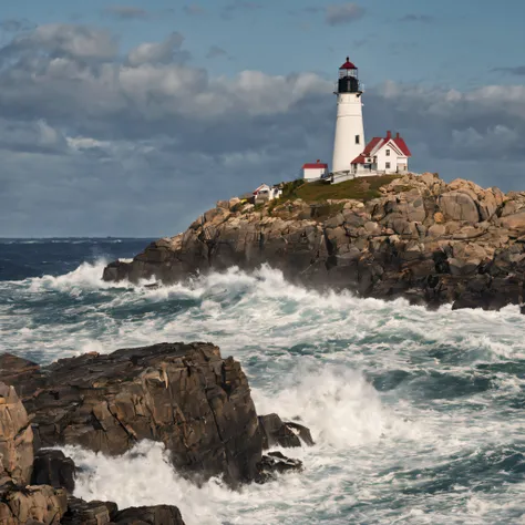 An isolated lighthouse on the rugged coast of Maine, enduring the relentless waves and winds. captured on a sony A6000