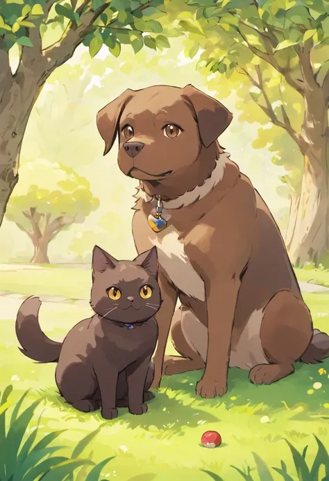 The image contains one dog and one cat that are sitting next to each other. The dog is a slim, brown, chocolate, labrador dog, that has brown eyes, and a happy, goofy, expression. Sitting beside the dog is a black long haired cat, the cat looks grumpy, irr...