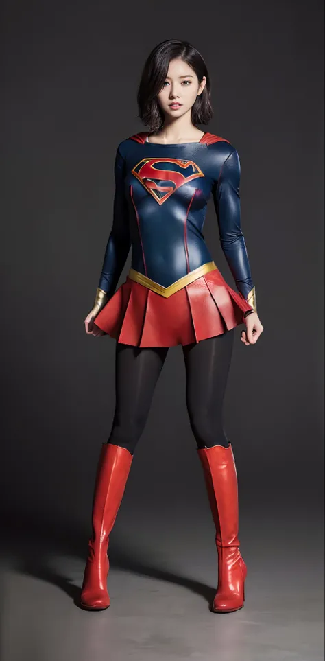 japanes、Cute Beautiful Girl、(((Wear black tights on your beautiful legs.)))、(((beauty legs)))、(((Painful look)))、((((Make the most of the original image)))、(((Supergirl Costume)))、(((Beautiful short hair、The hair)))、(((Suffering)))、(((Feet must necessarily...