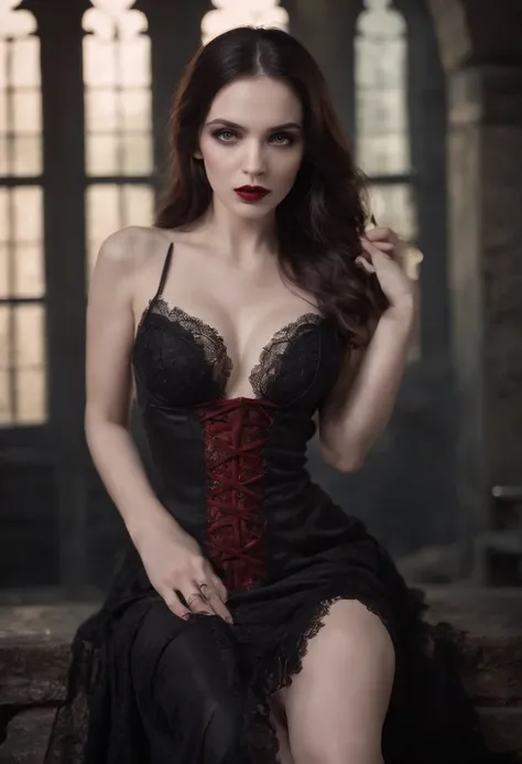 1 Vampires, (Female:0.8), poison fangs, Blood, Neck bites, Pale skin, intense eyes, Seductive expression, (Blood dripping:1.2), (Erotic atmosphere:1.3), Dark hair, Long flowing hair, (Black lace dress:1.2), (cropped shoulders:0.9), (Red corset:1.1), (Torn ...