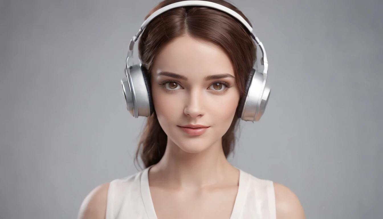 Create a realistic 3d cartoon pixer image. A young woman, robotic, white, small brown eyes, medium brown hair. wearing headphones and working on computer, technological environment.