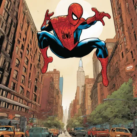 A Spider-Man comic, with panels full of action and movement, depicting the hero swinging between the buildings of New York, facing iconic villains and displaying his agility and superhuman strength