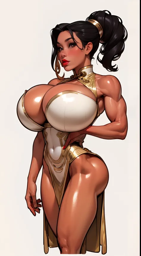 ((masterpiece)),(((best quality))),((character design sheet)), ((full body view)) ((Chinese empress) mature face, ((Asian eyes:1.4)), defined cheekbones, high cheekbones, illustration,  muscular, ((gold:1.4)), sexy bimbo, (gigantic breasts:1.7) black hair,...