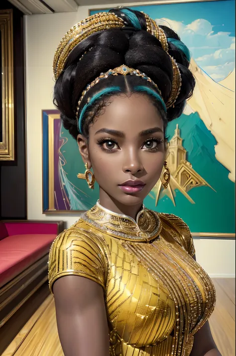 (best quality,4k,8k,highres,masterpiece:1.2),ultra-detailed,(art,cartoon color:1.37), HDR, linhas grossas, portraits, African American woman, dark skin, elegant pose, sensual, beautiful curves, intricate details, elaborate hairstyle, strong facial features...