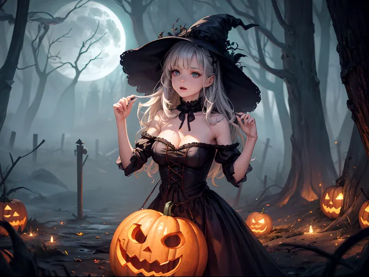 (best quality,4k,8k,highres,masterpiece:1.2),ultra-detailed,(realistic,photorealistic,photo-realistic:1.37),Halloween,ghost dressed as a witch,fear,terror,witch costume,large breasts,spooky atmosphere,dark and eerie lighting,menacing shadows,macabre ambian...