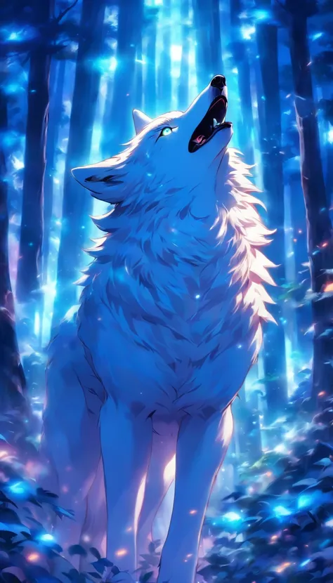 The most beautiful and enchanted wolf spirit, white fur, glowing blue eyes, in the most beautiful enchanted forest, highly detailed, perfect masterpiece, high quality, high resolution, one white wolf