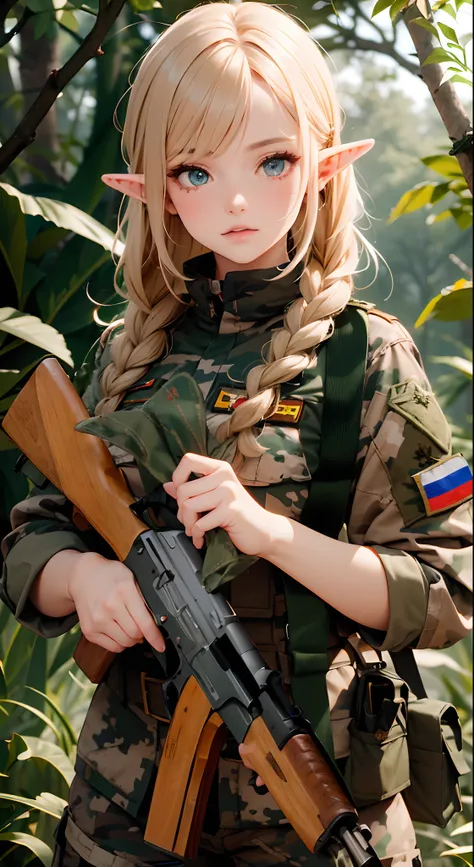 Female elf soldier, wearing Spotted forest camo Russian military uniform, , detailed eyes, detailed hands, detailed face, detailed hair, (elf with gonden hair), braided haircut, holding AK47, Spotted forest camo Russian military uniform cap clutched in han...