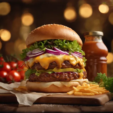 A burger advertisement with a succulent and appetizing presentation, where the juicy burger is covered in melted cheese, fresh vegetables and delicious sauces, all served on a soft, golden bun, leaving everyones mouth watering