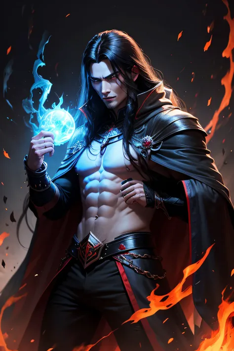 dark muscular male evil lord with long black hair wearing black and red cloak e throwing blue flames from his hands, magic, magician, blue flames, blue fire