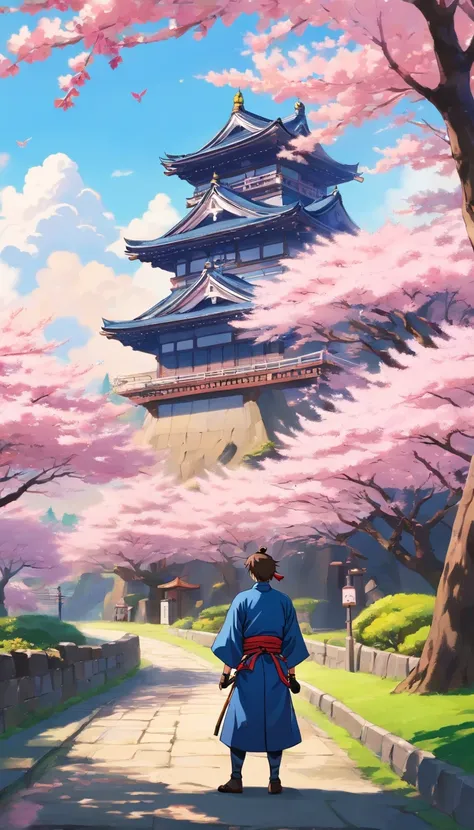 a beautiful Japanese castle in the background and alone man in samurai armor, resting next to sakura tree