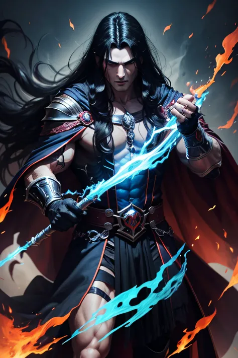 dark muscular male evil lord with long black hair wearing black and red cloak e throwing blue flames from his hands, magic, magician, blue flames, blue fire