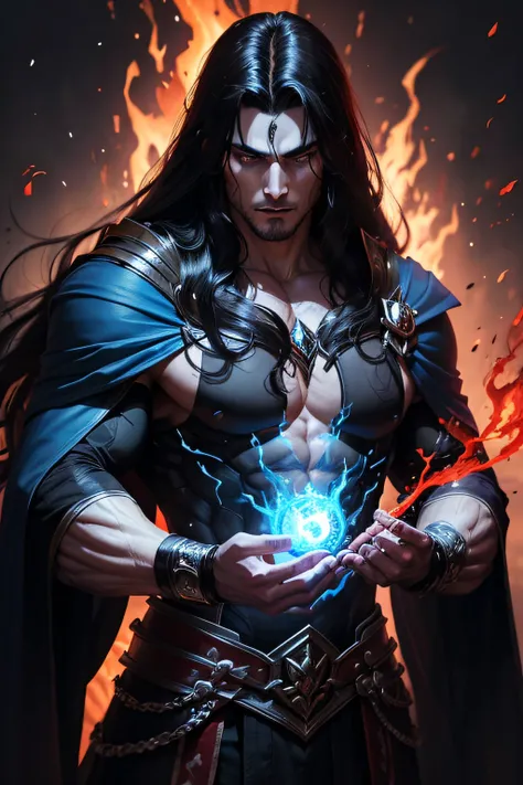 dark muscular male evil lord with long black hair wearing black and red cloak e throwing blue flames from his hands, magic, magician, blue flames, blue fire