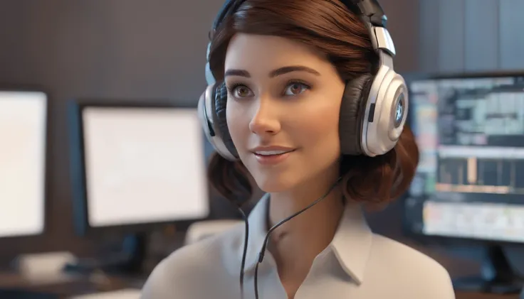 Create a realistic 3d pixer image. A young woman, robotic, white, small brown eyes, medium brown hair. wearing headphones and working on computer, technological environment.