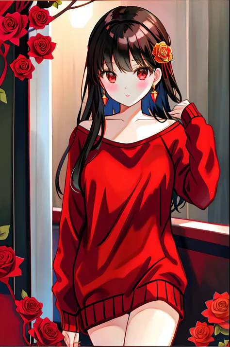 A dark-haired、red eyes、Beautiful girl alone、Surrounded by roses、Red sweater、sexy  pose