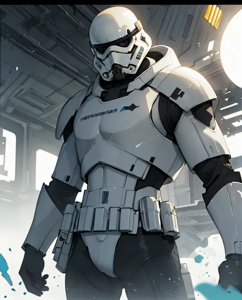 stormtrooper from star wars,1boy, looking at viewer, high-tech clothes, fantasy, dynamic pose, high contrast, ink strokes, explo...