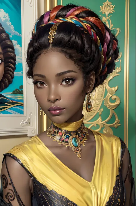 (best quality,4k,8k,highres,masterpiece:1.2),ultra-detailed,(art,cartoon color:1.37), HDR, linhas grossas, portraits, African American woman, dark skin, elegant pose, sensual, beautiful curves, intricate details, elaborate hairstyle, strong facial features...