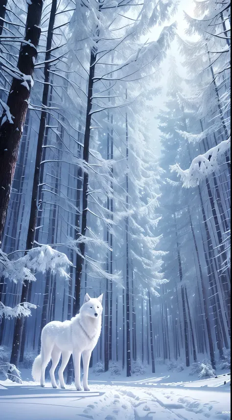 The most beautiful and enchanted wolf spirit, white fur, glowing blue eyes, in the most beautiful enchanted forest, highly detailed, perfect masterpiece, high quality, high resolution, one white wolf