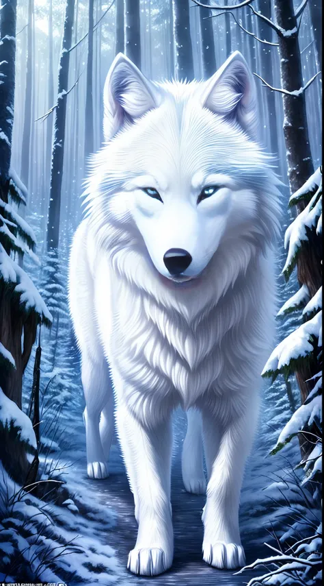 The most beautiful and enchanted wolf spirit, white fur, glowing blue eyes, in the most beautiful enchanted forest, highly detailed, perfect masterpiece, high quality, high resolution, one white wolf