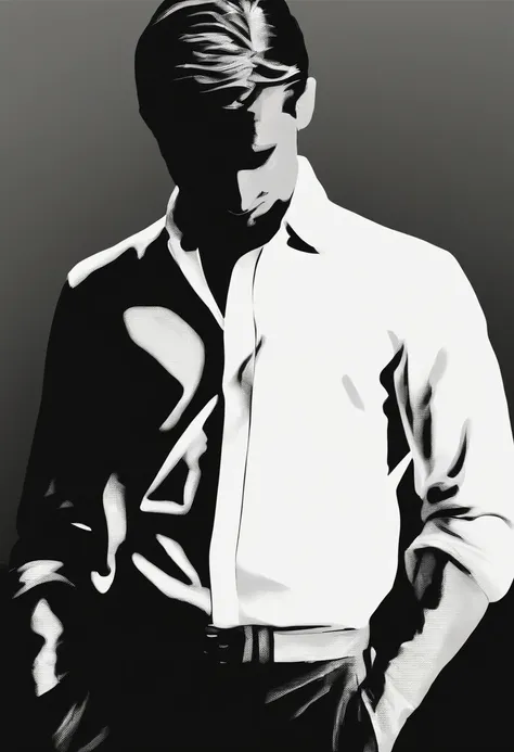 Alafed image of a man in a white shirt and black pants, Halftone effect, half tone, stylized silhouette, drawn with photoshop, black and white vector art, Posterized, Halftone print, vectorized, detailed silhouette, vectorized, single silhouette figure, cr...