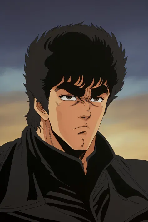 closeup of a man with a serious expression, wearing a black jacket and black shirt, looking at something, at night,
HNKstyle, 80s anime,