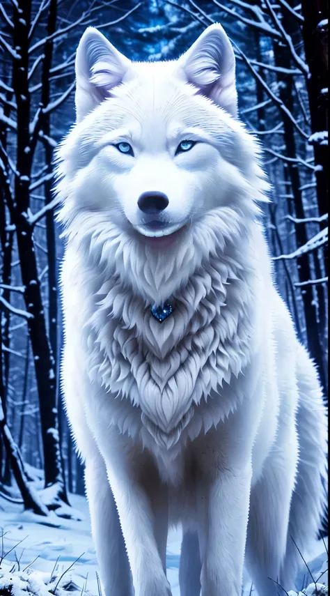 The most beautiful and enchanted wolf spirit, white fur, glowing blue eyes, in the most beautiful enchanted forest, highly detailed, perfect masterpiece, high quality, high resolution, one white wolf