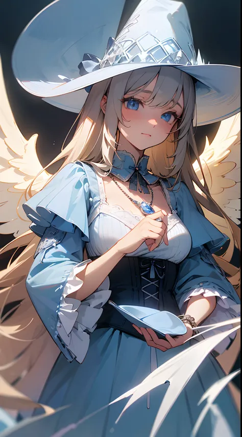 Beautiful girl , extremely long hair , blue eyes , bangs , ((smal Angel wings )),blonde hair  , age  21,

(masterpiece, best quality:1.3),beautiful detailed glow,best illuminate,(((best quality,textile shading,ultra detailed))),extremely detailed CG unity ...