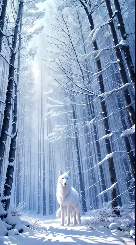 The most beautiful and enchanted wolf spirit, white fur, glowing blue eyes, in the most beautiful enchanted forest, highly detailed, perfect masterpiece, high quality, high resolution, one white wolf