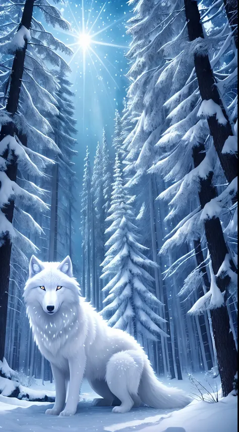 The most beautiful and enchanted wolf spirit, white fur, glowing blue eyes, in the most beautiful enchanted forest, highly detailed, perfect masterpiece, high quality, high resolution, one white wolf