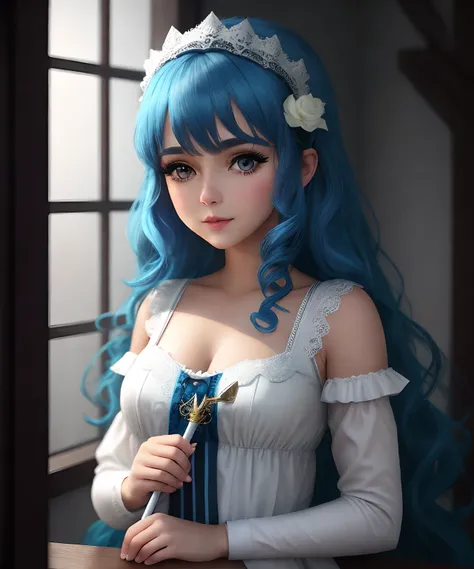 crie um desenho inspirado na personagem Sofia Monad  do jogo Lies Of P, Sofia is a blue-haired fairy who helps the protagonist Pinocchio become more human. Shes got a white dress and a magic wand, e pode voar pelo ar,4k,detalhes altos,majestoso,Ultra reali...