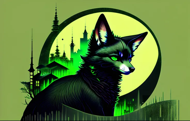 Black green kitsune with a dystopian background