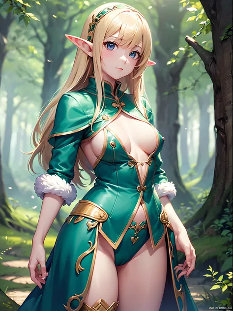 ((Finest quality)),(超A high resolution),(ultra-detailliert),(Meticulous portrayal),((Best Anime)),(Finest works of art),sharpnes,Clair, (1 Female Elf),Tiandre,((small tits:1.5)), ln the forest:1.6, Standing in the spring:1.2,Sunlight:1.4