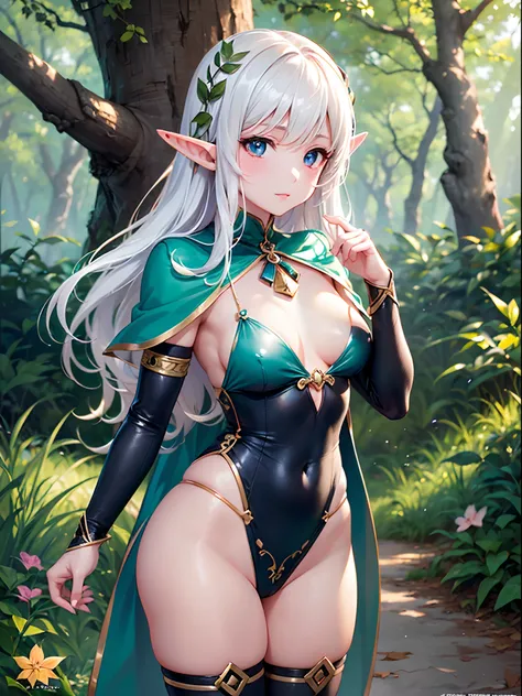 ((Finest quality)),(超A high resolution),(ultra-detailliert),(Meticulous portrayal),((Best Anime)),(Finest works of art),sharpnes,Clair, (1 Female Elf),Tiandre,((small tits:1.5)), ln the forest:1.6, Standing in the spring:1.2,Sunlight:1.4