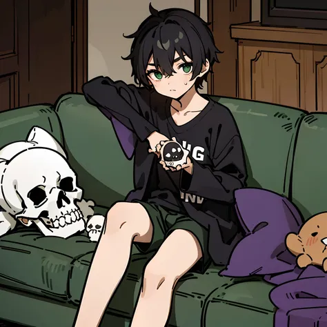 Messy black haired boy in a black skull outfit and green shorts sitting on a sofa thinking with his hands on his head thoughtful