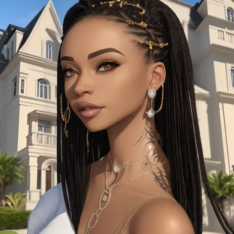 3Dlightskin woman face profile sitting in front of a mansion wearing a 3Ddiamond chain that’s says Nell ,straight hair with edges,nose ring ,tattoo