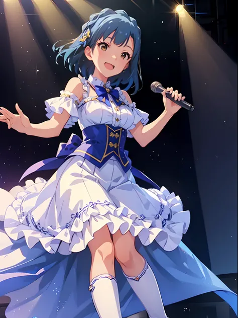 yuriko nanao (million live), 1 girl, Solo, Best Quality, masutepiece, 8K, High resolution, Ultra-detailed, singing on the stage, smile, (frilled blouse, white blouse, white skirt, frilled skirt, white long boots),