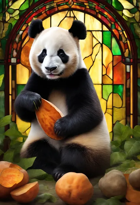 Fluffy Giant Panda，Sasa Panda、Extremely cute，Holding a sweet potato in your hand、Stained glass with light as a background，Colorful space as decoration，Ultimate HD image quality