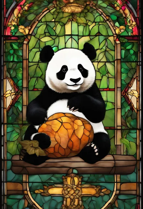 Fluffy Giant Panda，Sasa Panda、Extremely cute，Holding a sweet potato in your hand、Stained glass with light as a background，Colorful space as decoration，Ultimate HD image quality