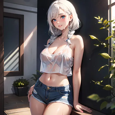 realistic, 1girl, Hair braids, parted lips, blush, makeup, slim, perfect body, light smile, white hair, denim shorts, t-shirt , bedroom background , wet clothes, glow, thighs, blue eye, bare shoulders, collarbone, narrow waist, sunbeam, sunlight, rose, win...