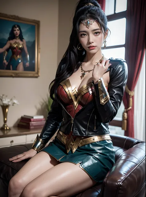 Wonder woman sitting in luxury condo living room, Korean Girl, (1Girl, Solo), 23 years old, high ponytail, long black straight hair, Huge nature, a narrow waist, (Aqua earrings, Diamond necklace), attractive smile, white teeth, Hair fluttering in the breez...