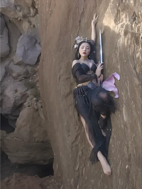 There is a slain Asian succubus lying on the ground with a sword, Wearing a black belly dance costume，She lay on her side, fantasy movie still, Dead succubus, With his eyes closed, Li Tang hairstyle，full-body wuxia, Big chest，cropped shoulders，open waist，B...