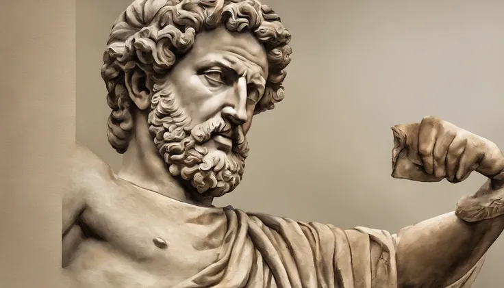 Statue of Marcus Aurelius, philosophe aux muscles saillants,8k, realistic face, Philosophie grecque,8k, background dark, angry at someone