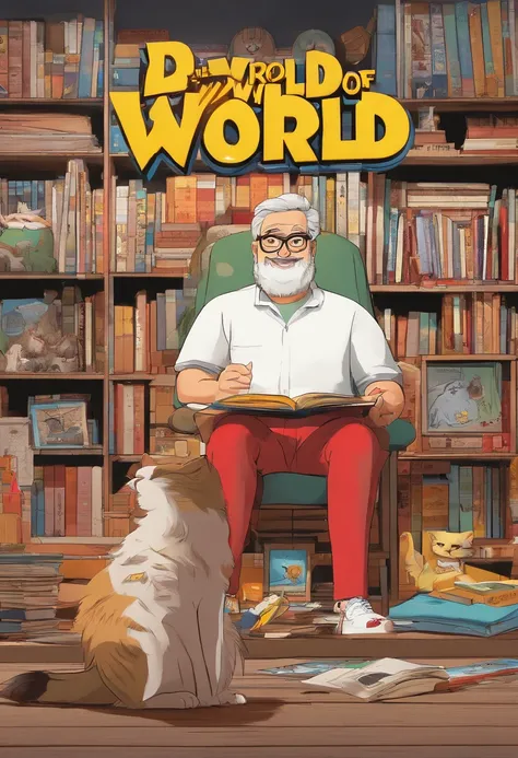 3D illustration reminiscent of a Pixar film poster with Donny, a mature man with round glasses, medium military-cut hair, and a very short, close-cropped black beard. Hes in a red t-shirt with a white star, jeans, and All-Star sneakers, sitting on the floo...