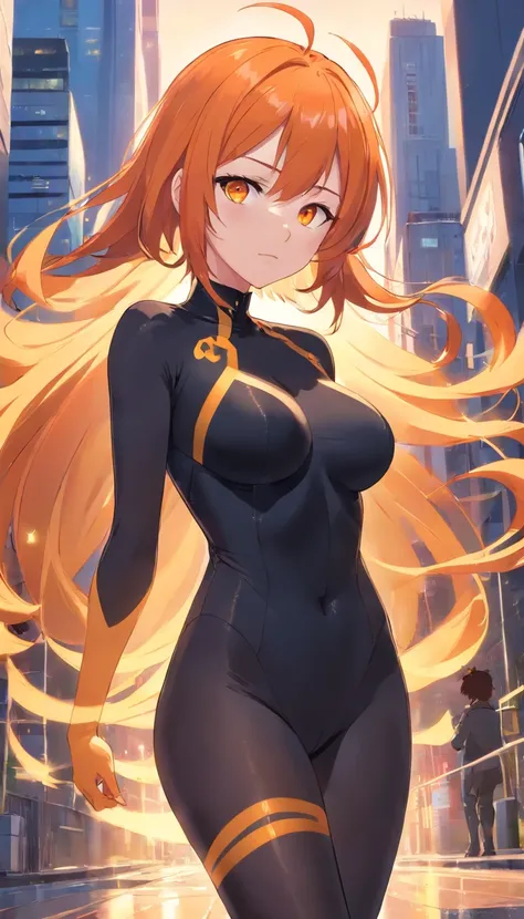 1 female、Orange hair、huge breasts、huge ass、Black catsuit、yellow  eyes、Large, thick thighs、Short Bob、wide hips、pantyhose