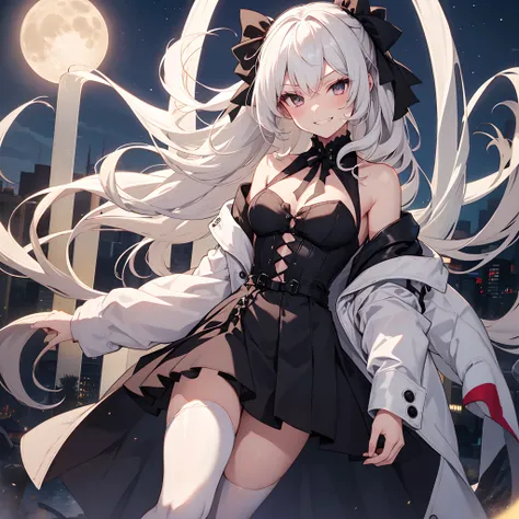 1 girl, solo, long white hair, curly twintails, vampire, jagged teeth, smirk, grinning, gorgeous young girl, small breasts, lolita, luxurious white coat off shoulders, bare shoulders, sleeveless intricate black elegant shirt, see-through shirt, long skirt,...