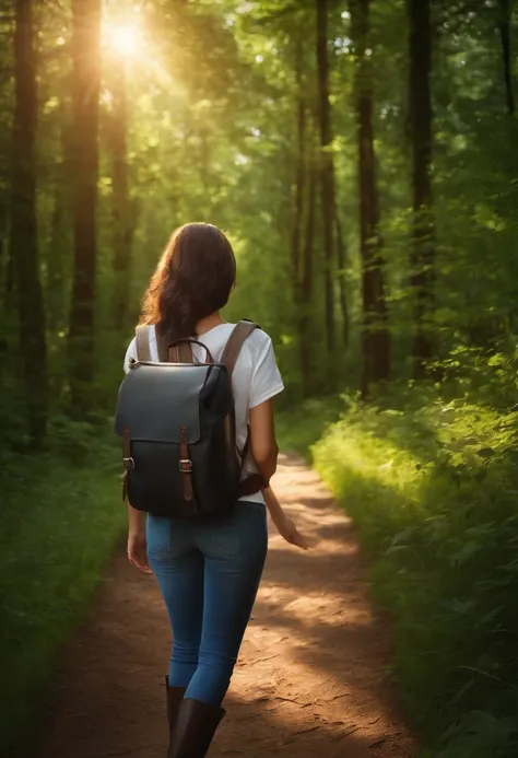 (best quality,realistic,highres:1.2),woman holding a map, path leading to a forest, backpack strap visible,dark hair, white short-sleeved shirt, long jeans, black boots, backpack fully packed, sunlight filtering through trees, lush green foliage, sense of ...