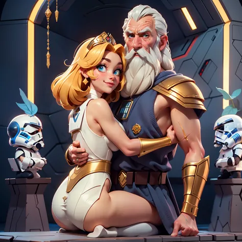 Star Wars, One old man Tywin Lannister and one young Princess Padme human race, age gap, age difference, giant tall size, old man 70, long beard white, armor stormtrooper, face smile, hairy body, naked, big long penis erect, cumming, he carries his girlfri...