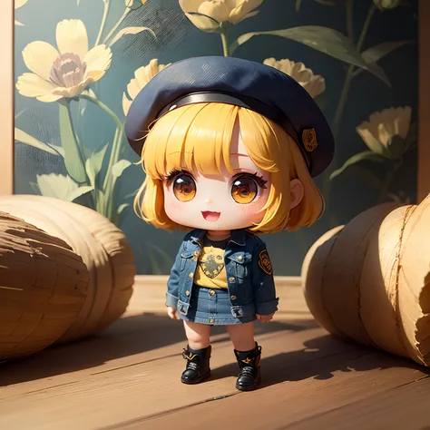 ​masterpiece、top-quality、ultra-detailliert、(Chibi Charas Daughter:1.2)、White Bob、Denim Beret、denim jackets、(decoration、emblem、emblem:1.3)、Damage Damage Denim、(The background is Van Goghs autumn flowers wallpaper:1.2)、Standing、Open your mouth and smile