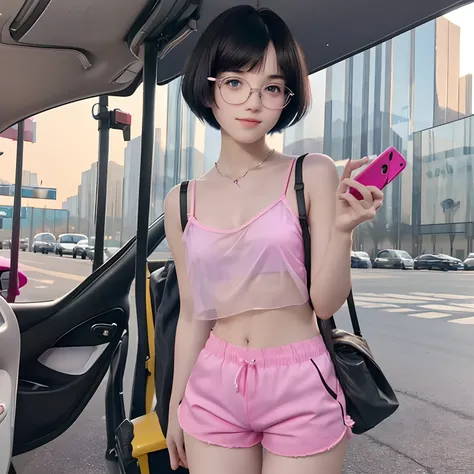 16 years old cute girl with black short bob hair and bangs, she is in eyeglasses, pink-strapped transparent camisole, no bra, pink shorts, petite body, seen through, her skin bright, beautiful blue eyes, outdoor, shes doing selfie, 8k detailed high quality...